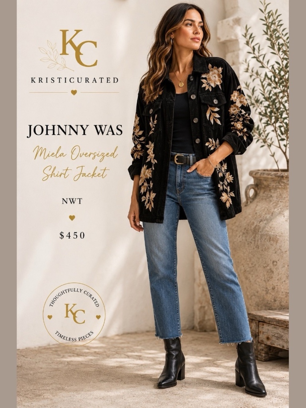 Johnny Was Miela Oversized Embroidered Shirt Jacket Black M NWT $450